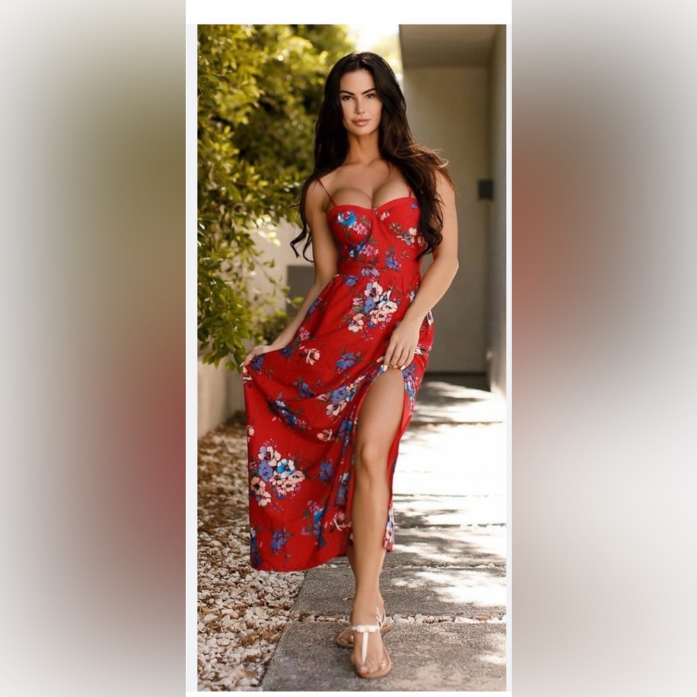 Band of Gypsies Anthro Dress, Medium, Red Bohemian Floral Strappy Maxi Dress